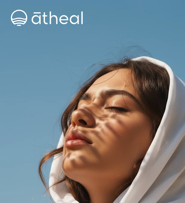 Atheal campaign image of a woman in a white hood