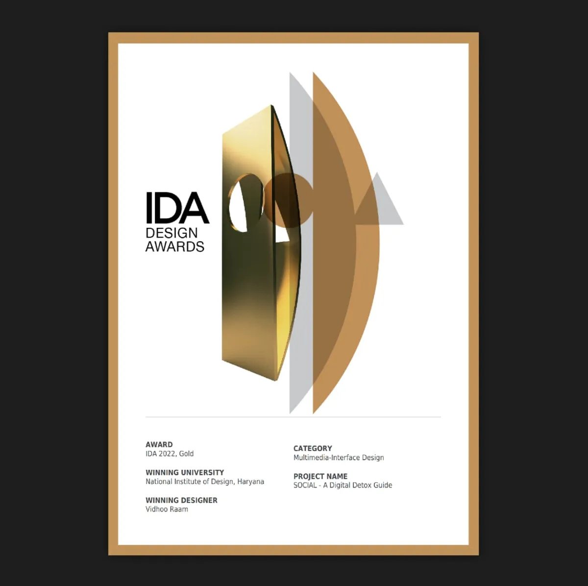 The International Design Awards Gold certificate